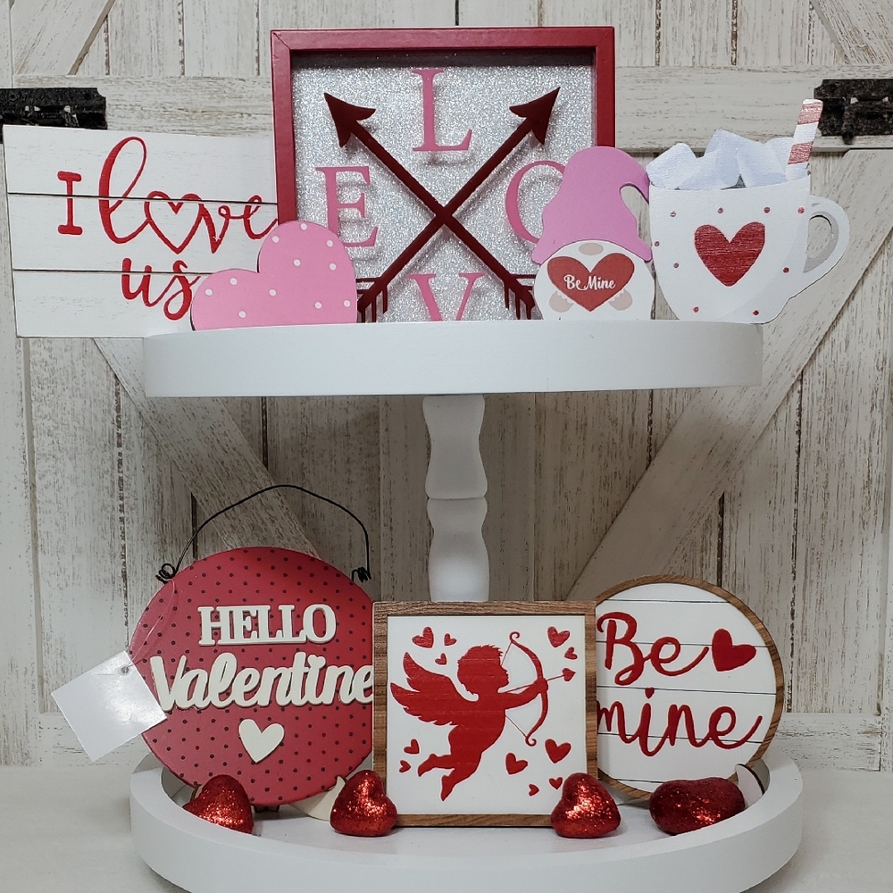 Valentine's Day Tiered Tray Decor Set Love Signs Heart Gnome Red Pink